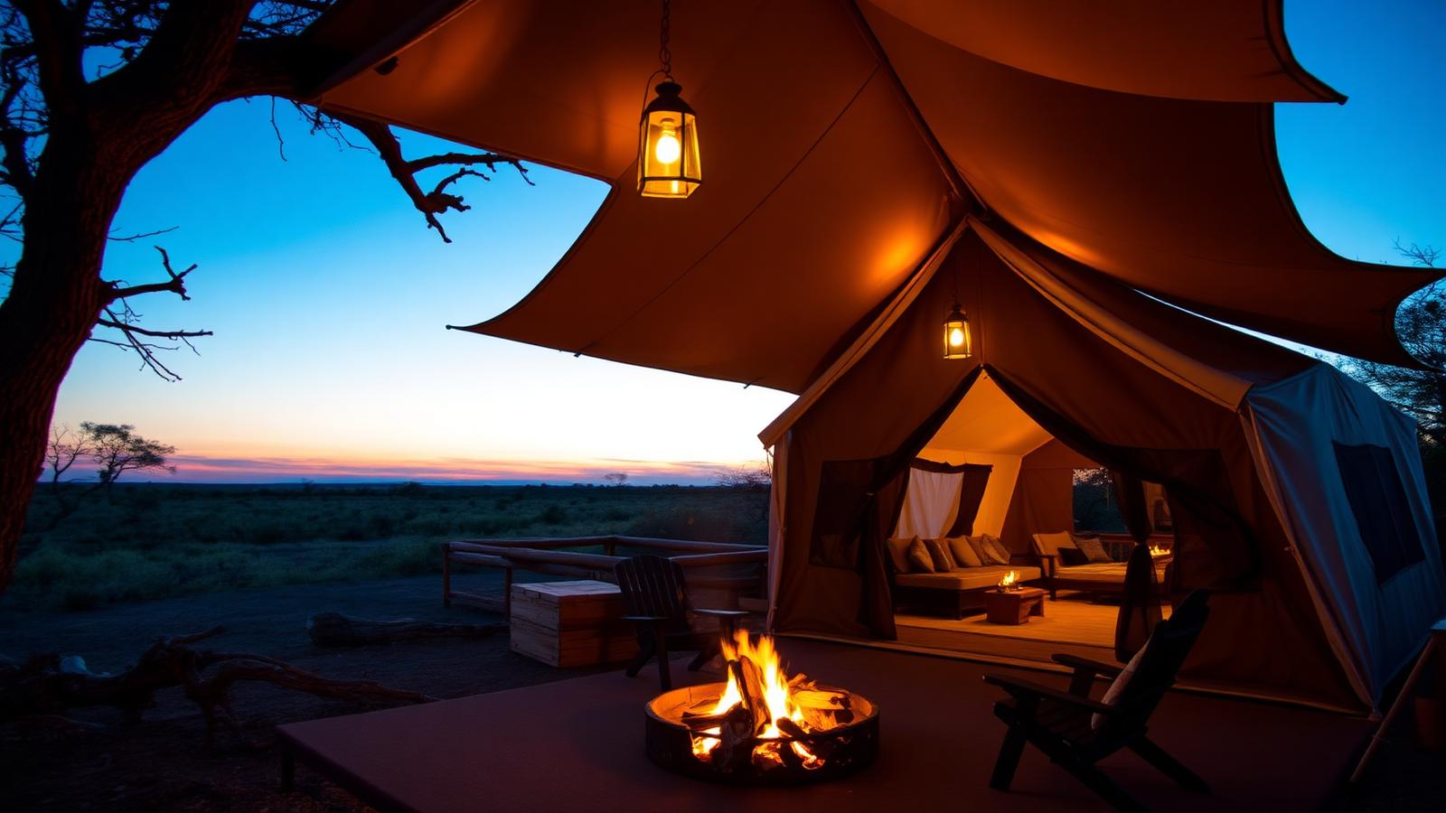 Tented safari camp at dusk with a campfire burning