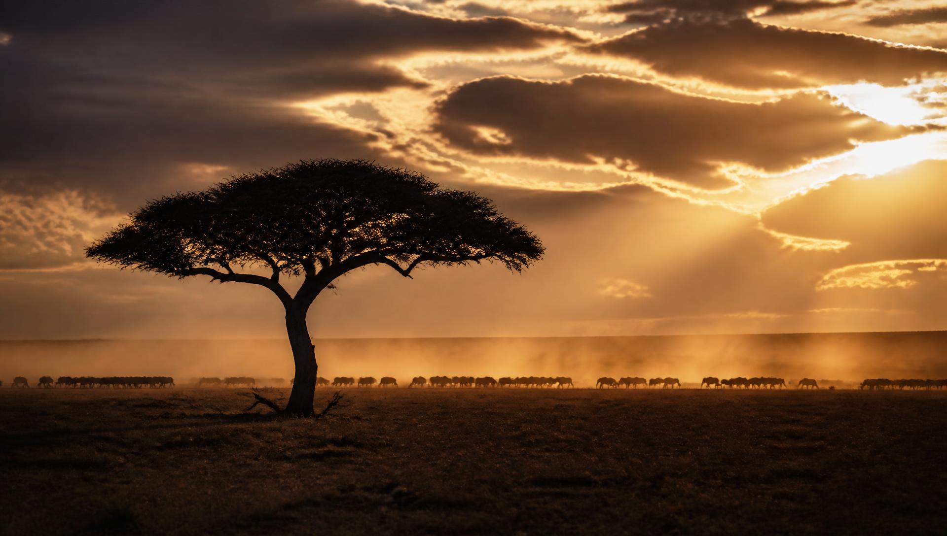 Acacia tree silhouetted against a Masai Mara sunset with wildebeest on the horizon