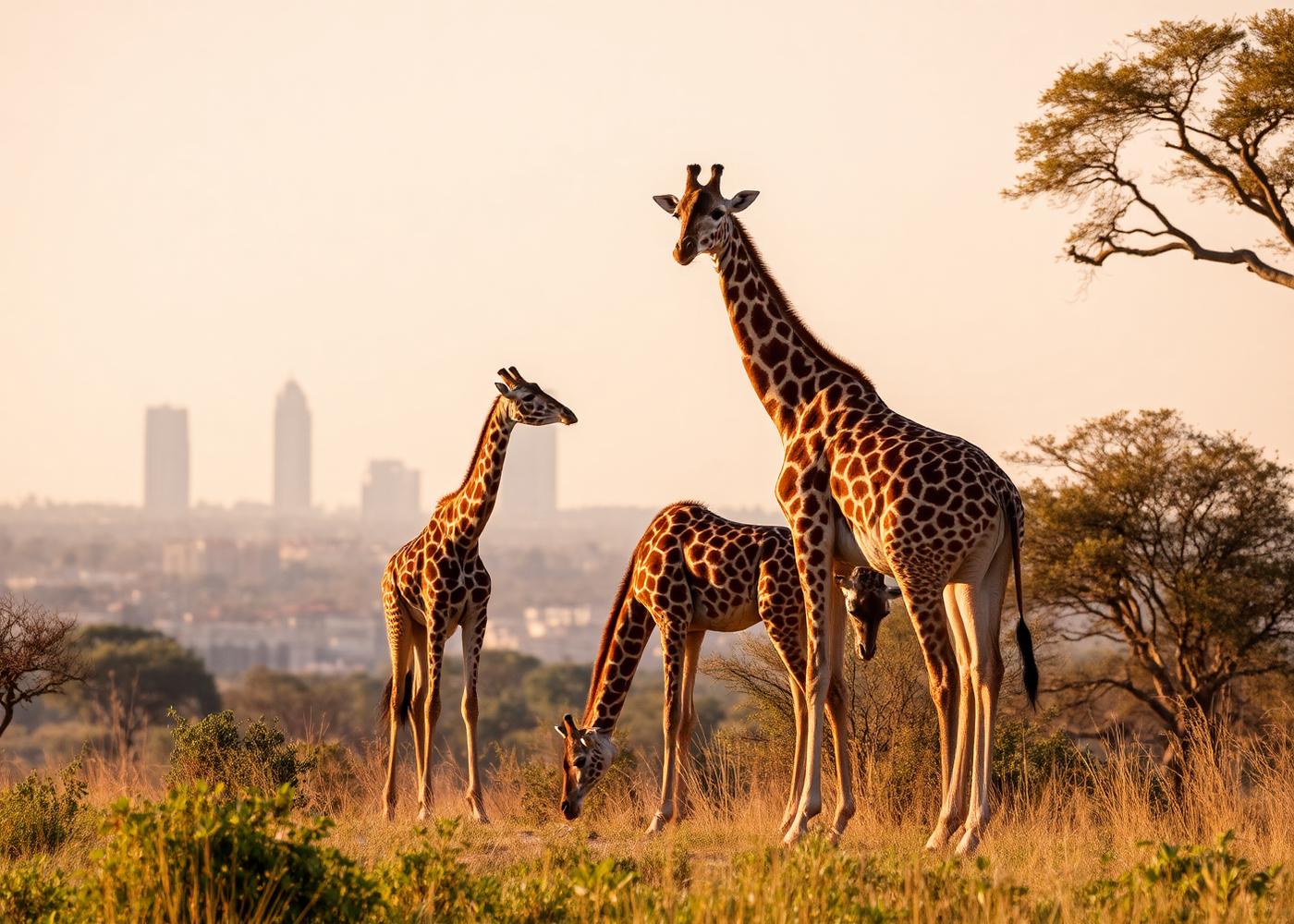 Giraffes grazing with the Nairobi skyline behind
